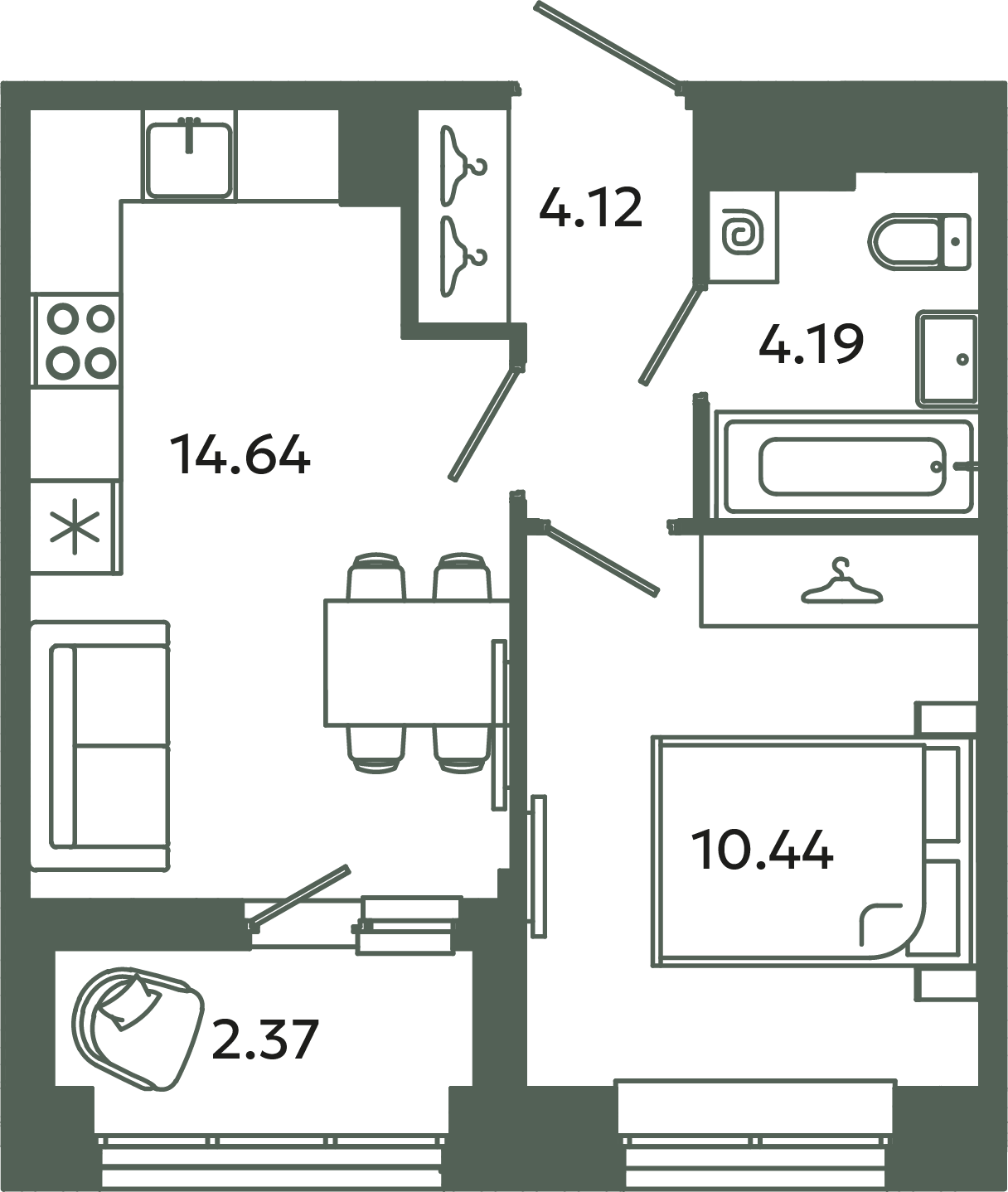 2-комнатная (Евро) квартира, 34.57 м² в ЖК "Загляденье" - планировка, фото №1
