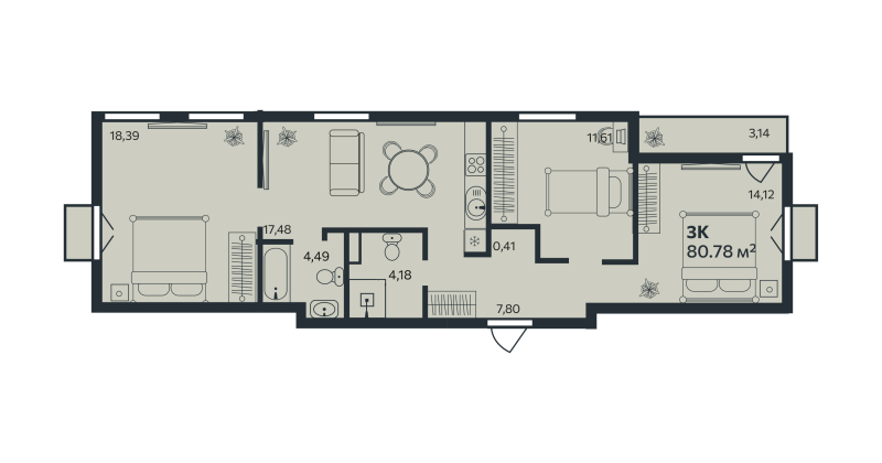 4-комнатная (Евро) квартира, 80.78 м² в ЖК "Эдельвейс.Янино" - планировка, фото №1