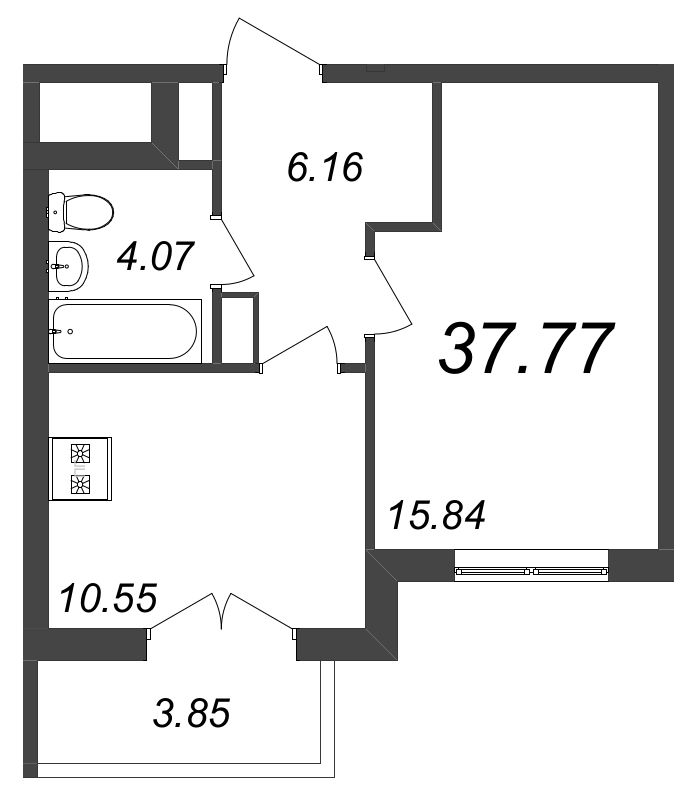 1-комнатная квартира, 37.77 м² - планировка, фото №1