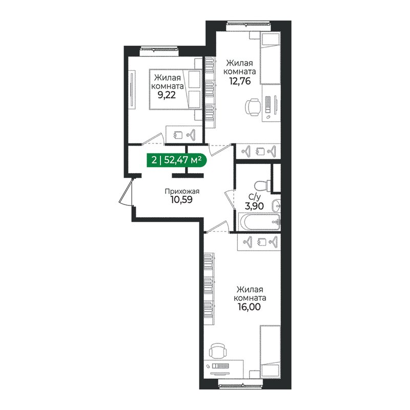 2-комнатная квартира, 52.47 м² в ЖК "Сертолово Парк" - планировка, фото №1