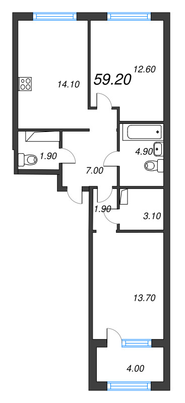 2-комнатная квартира, 59.2 м² в ЖК "Струны" - планировка, фото №1
