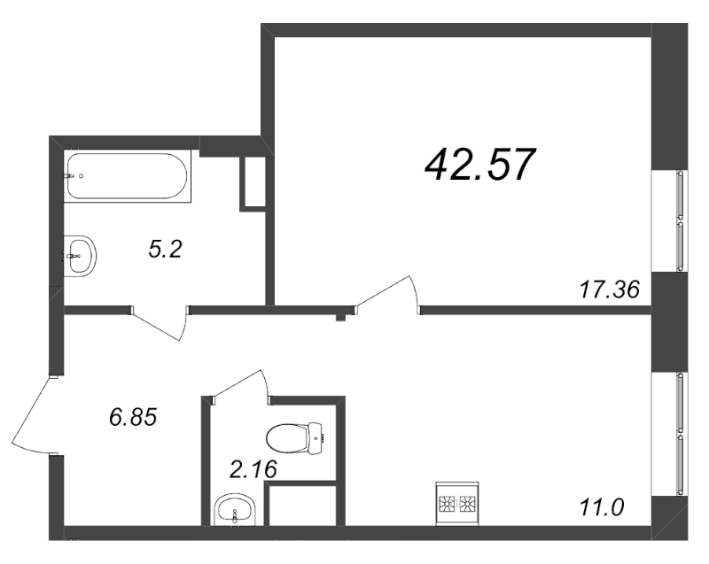 1-комнатная квартира, 42.57 м² - планировка, фото №1