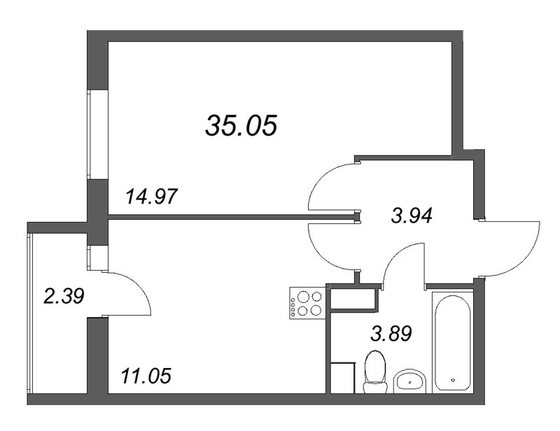 1-комнатная квартира, 35.05 м² в ЖК "Кинопарк" - планировка, фото №1