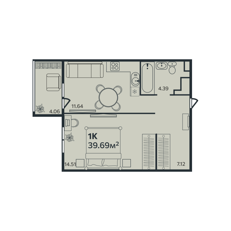 1-комнатная квартира, 39.69 м² - планировка, фото №1