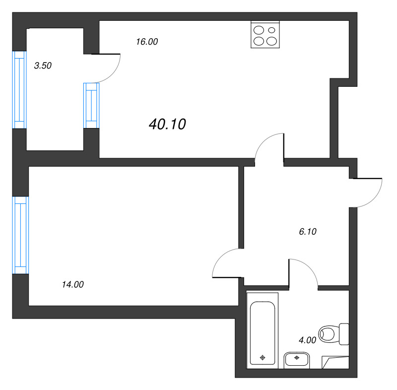 2-комнатная (Евро) квартира, 40.1 м² в ЖК "Дубровский" - планировка, фото №1