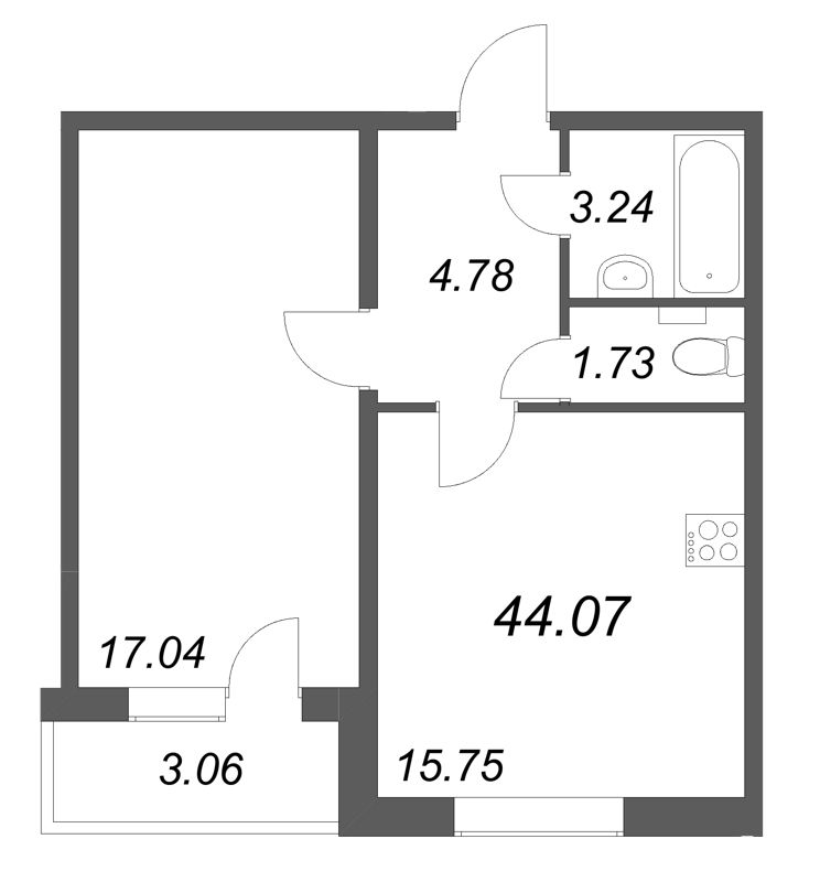 2-комнатная (Евро) квартира, 44.07 м² в ЖК "АРО" - планировка, фото №1