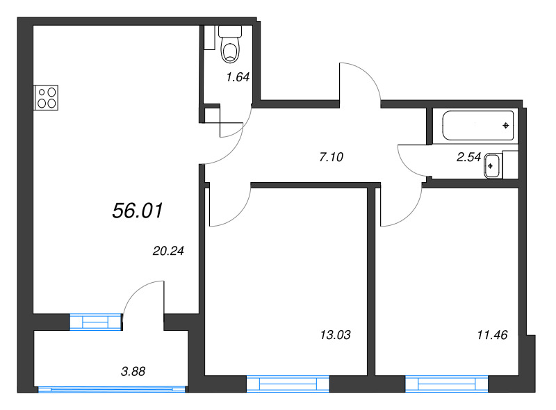 3-комнатная (Евро) квартира, 56.01 м² - планировка, фото №1