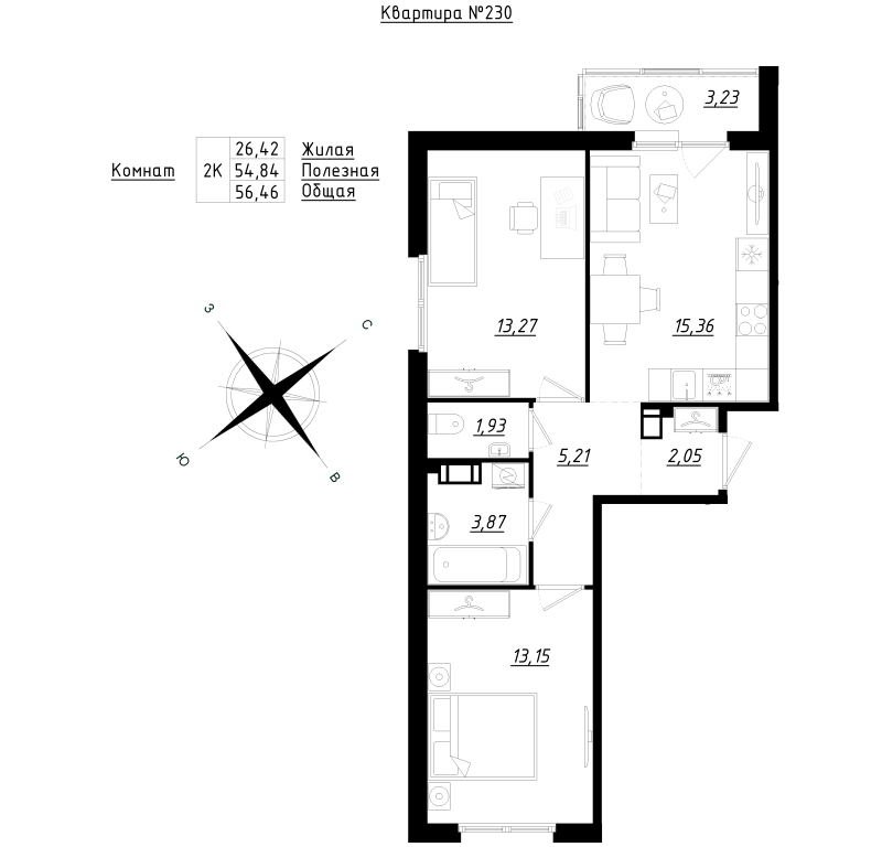 3-комнатная (Евро) квартира, 56.46 м² - планировка, фото №1