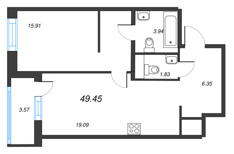 2-комнатная (Евро) квартира, 48.85 м² в ЖК "Окла Вижн" - планировка, фото №1