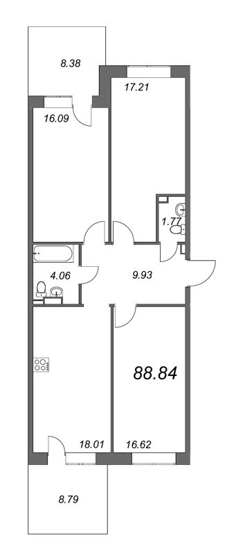 3-комнатная квартира, 89.8 м² - планировка, фото №1
