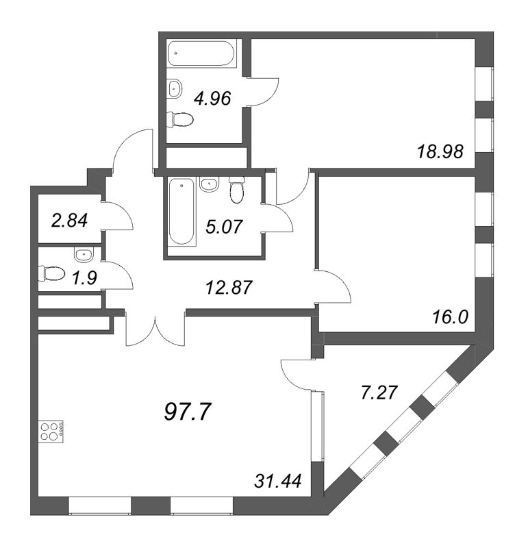 2-комнатная квартира, 97.7 м² - планировка, фото №1