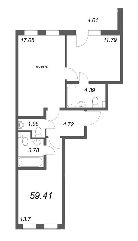 3-комнатная (Евро) квартира, 59.41 м² в ЖК "AEROCITY Club" - планировка, фото №1