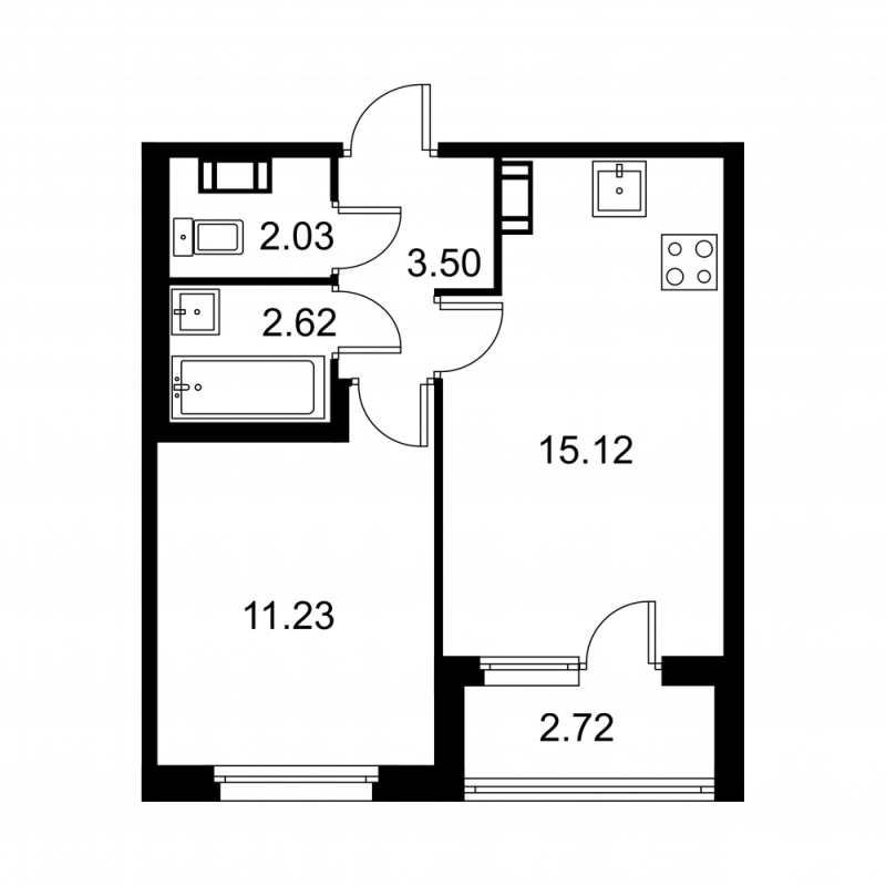 2-комнатная (Евро) квартира, 35.86 м² в ЖК "Квартал Заречье" - планировка, фото №1