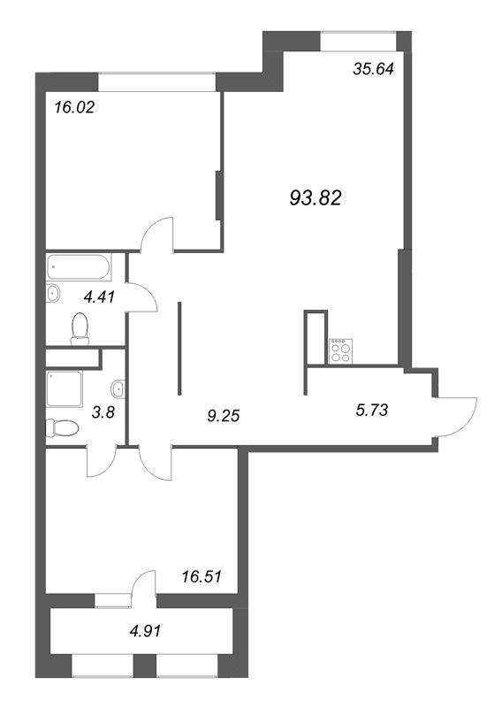 3-комнатная (Евро) квартира, 93.82 м² в ЖК "Talento" - планировка, фото №1