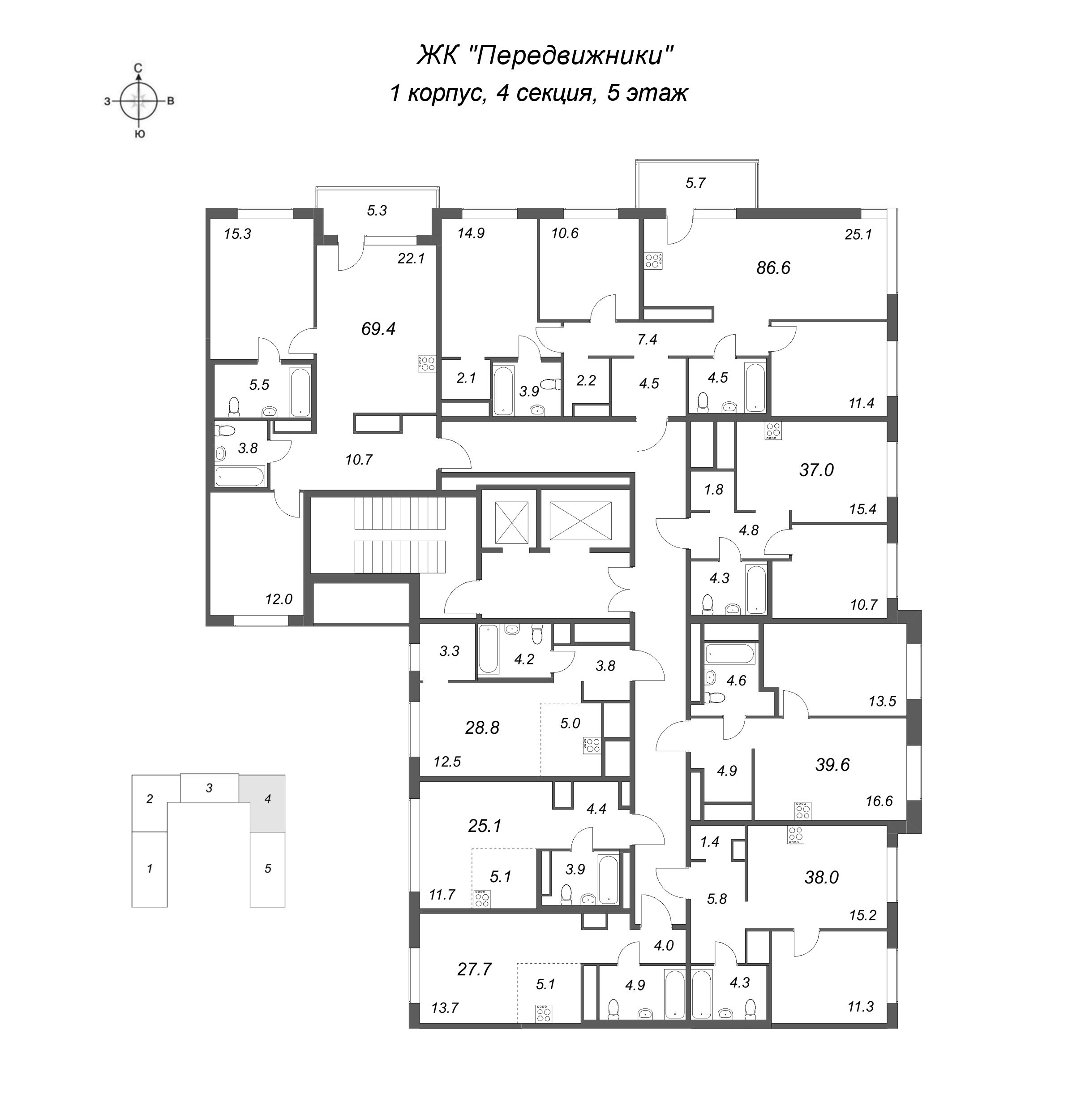 3-комнатная (Евро) квартира, 69.4 м² в ЖК "Передвижники" - планировка этажа