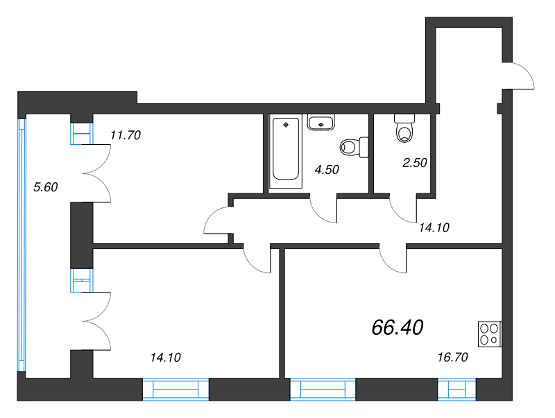 3-комнатная (Евро) квартира, 67 м² - планировка, фото №1