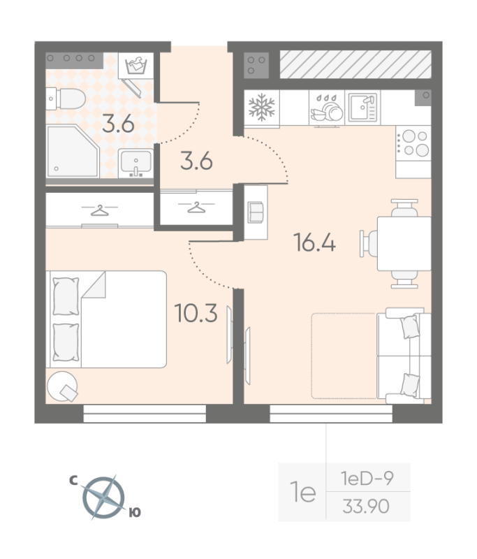 2-комнатная (Евро) квартира, 33.9 м² в ЖК "Пулково Lake" - планировка, фото №1