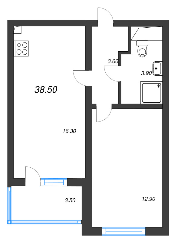 2-комнатная (Евро) квартира, 38.5 м² в ЖК "Ручьи" - планировка, фото №1