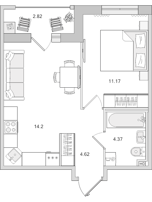 2-комнатная (Евро) квартира, 34.36 м² - планировка, фото №1