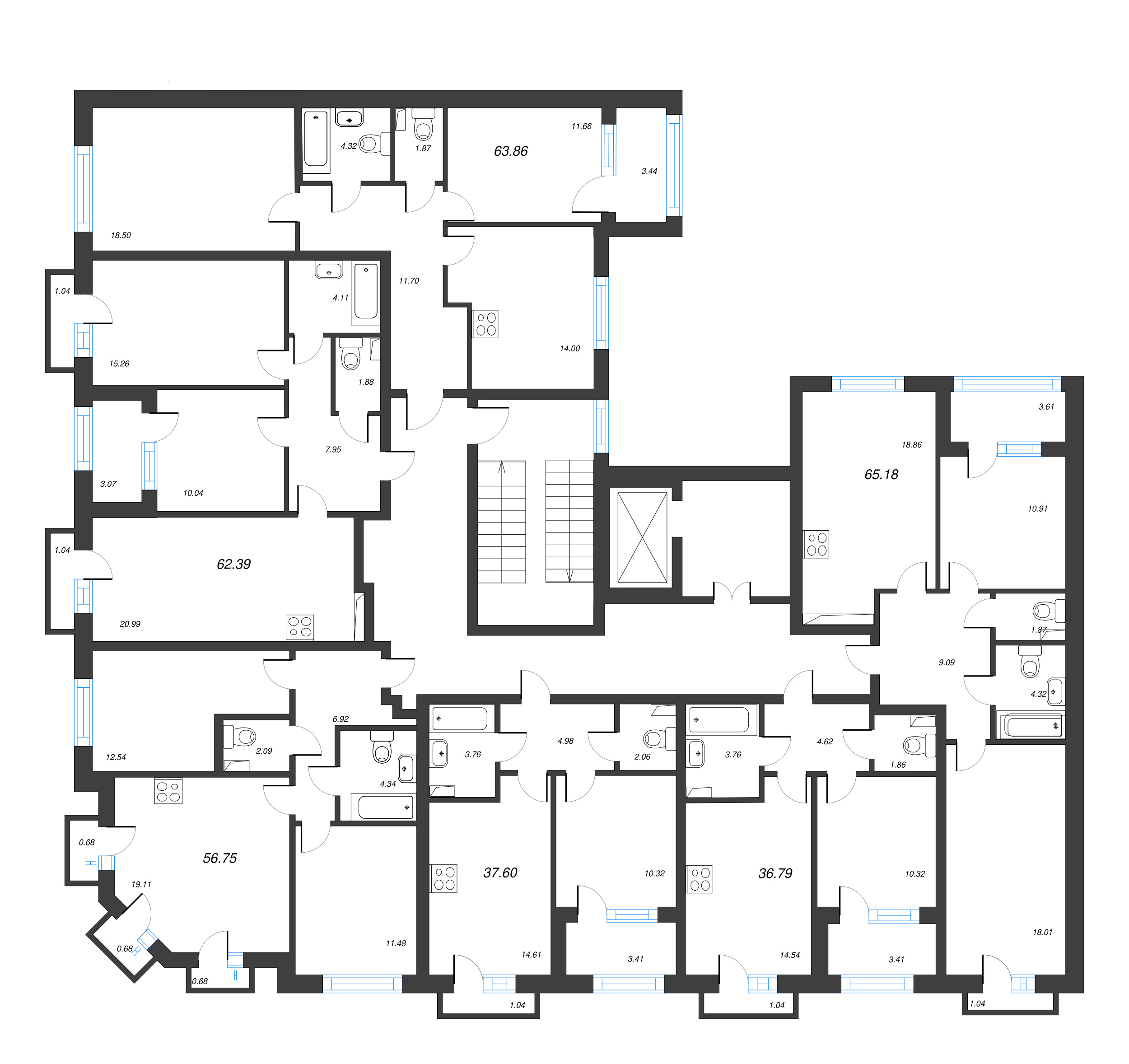 3-комнатная (Евро) квартира, 65.18 м² - планировка этажа