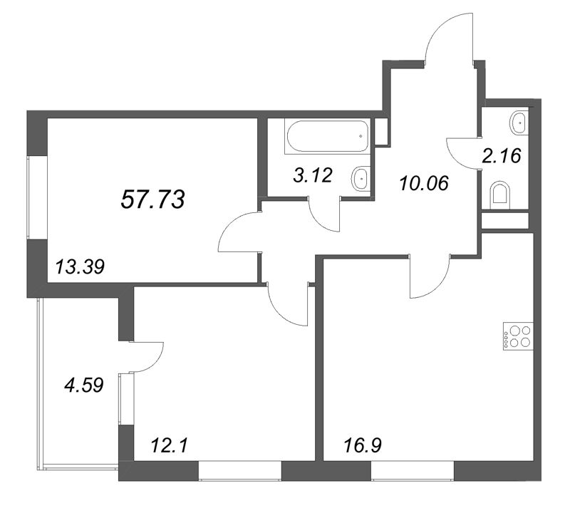 3-комнатная (Евро) квартира, 57.73 м² в ЖК "ЮгТаун" - планировка, фото №1