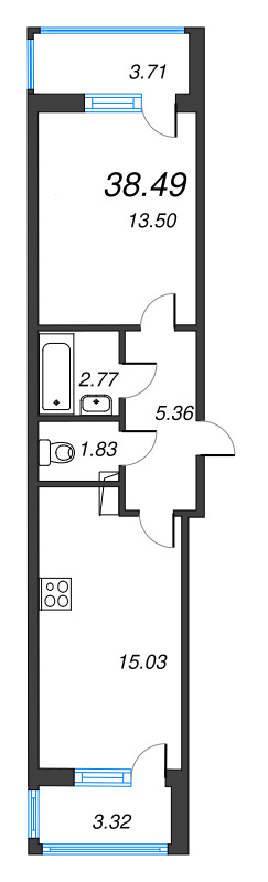 2-комнатная (Евро) квартира, 38.49 м² - планировка, фото №1