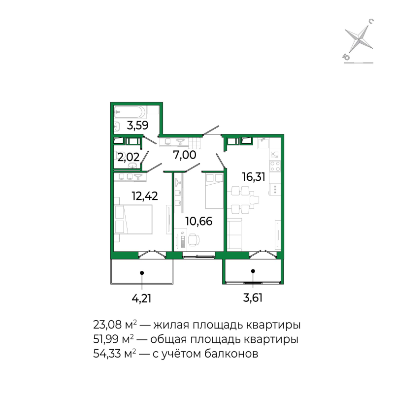 3-комнатная (Евро) квартира, 54.33 м² в ЖК "Сертолово Парк" - планировка, фото №1