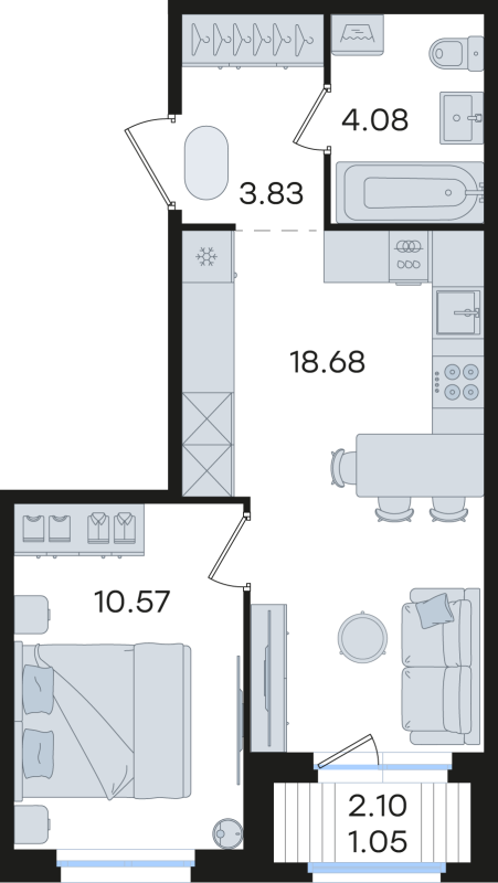 2-комнатная (Евро) квартира, 38.21 м² в ЖК "Романовка" - планировка, фото №1