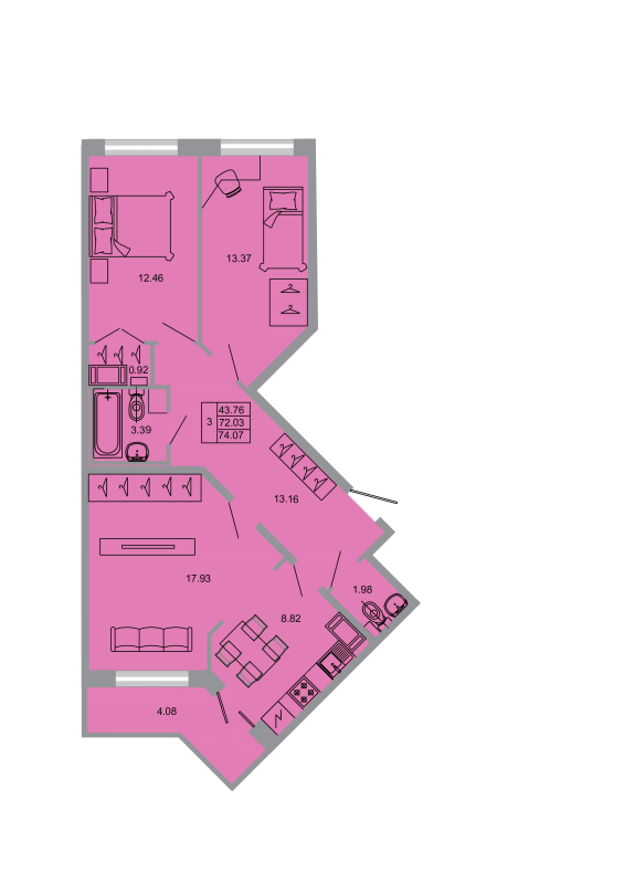 3-комнатная (Евро) квартира, 73.1 м² в ЖК "Стороны света" - планировка, фото №1