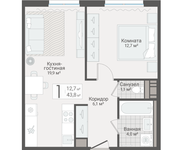 2-комнатная (Евро) квартира, 43.8 м² в ЖК "Руднева 15" - планировка, фото №1