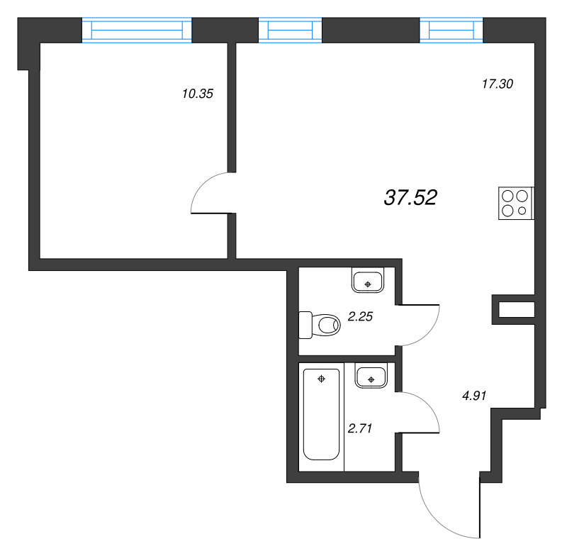 2-комнатная (Евро) квартира, 37.52 м² в ЖК "ID Murino III" - планировка, фото №1