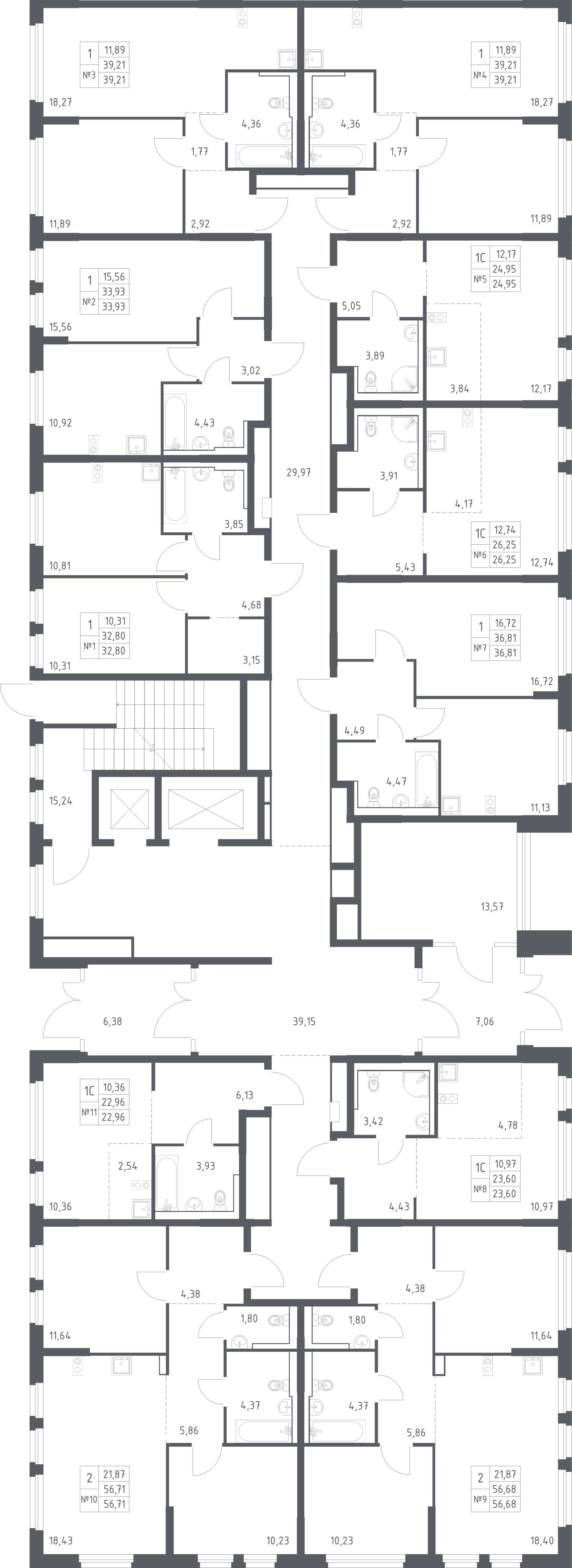 3-комнатная (Евро) квартира, 56.68 м² - планировка этажа