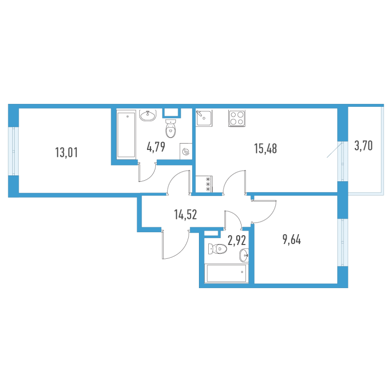 3-комнатная (Евро) квартира, 51.47 м² в ЖК "Аэросити" - планировка, фото №1
