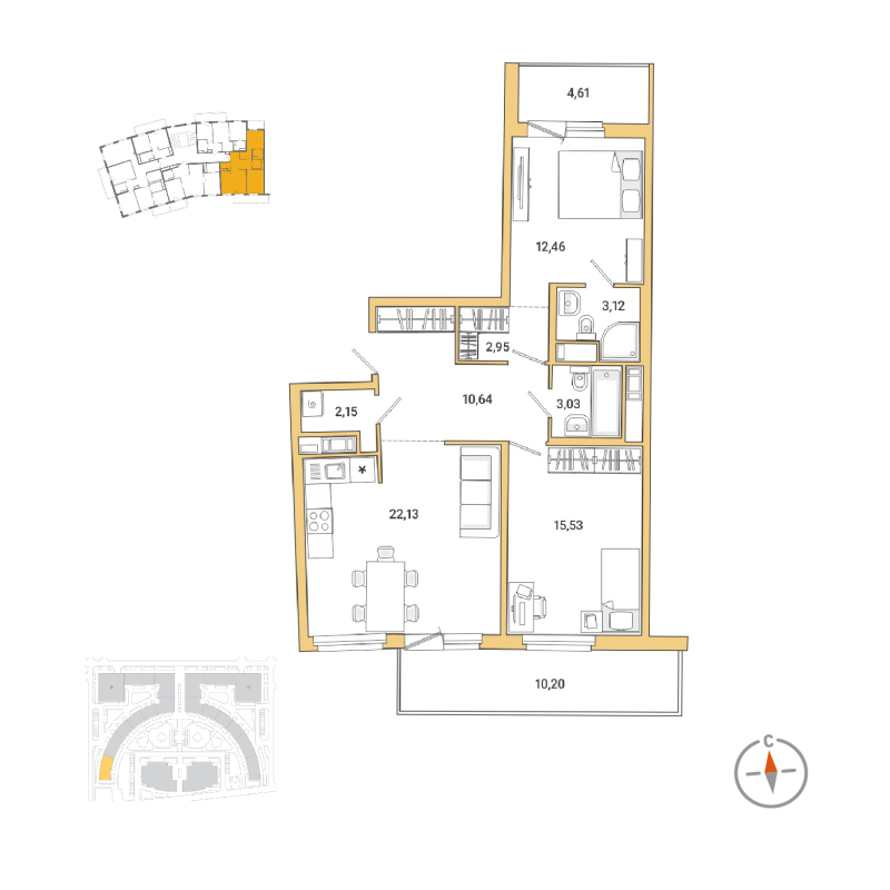 3-комнатная (Евро) квартира, 76.4 м² - планировка, фото №1