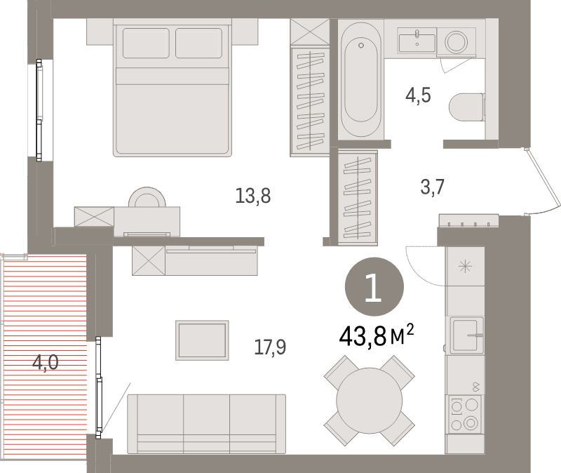 2-комнатная (Евро) квартира, 43.8 м² - планировка, фото №1