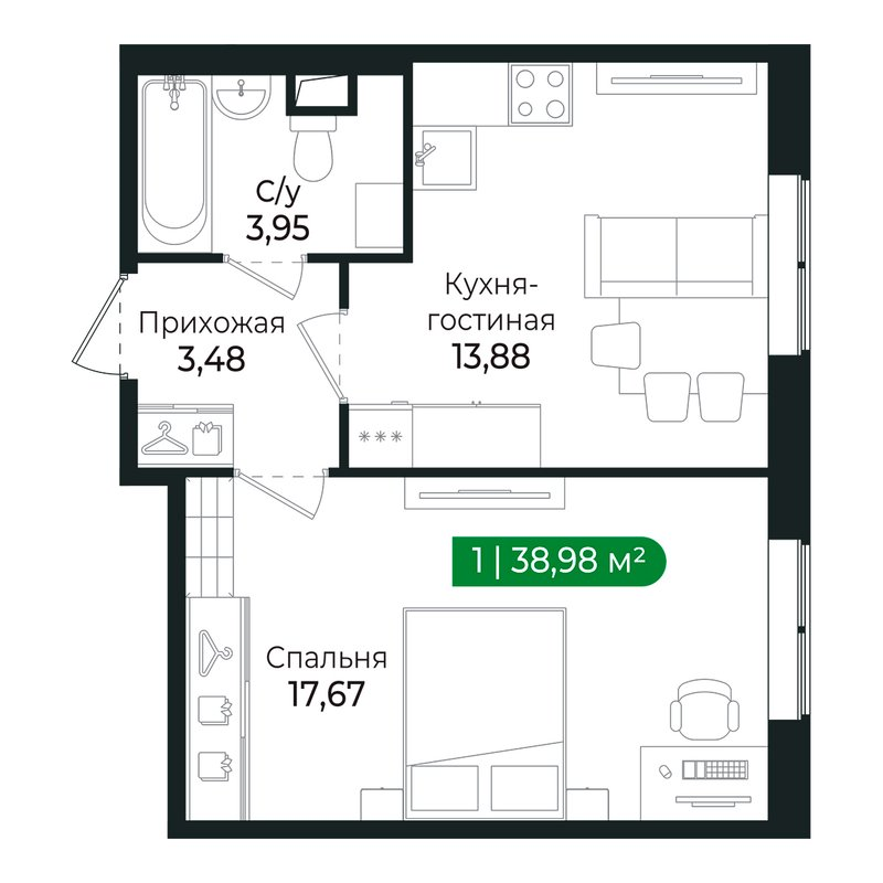 1-комнатная квартира, 38.7 м² в ЖК "Сертолово Парк" - планировка, фото №1