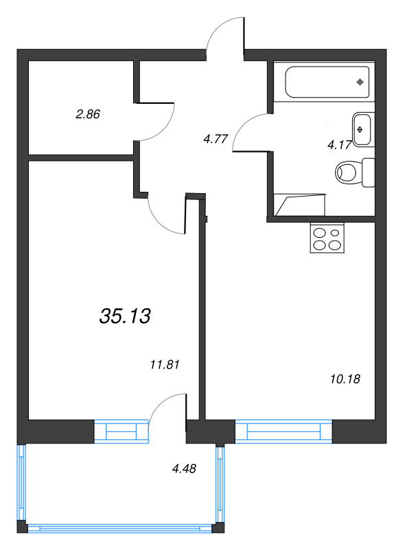 1-комнатная квартира, 38.27 м² - планировка, фото №1