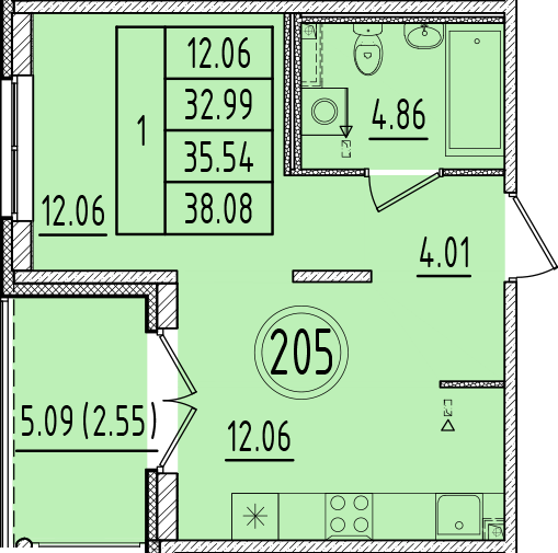 1-комнатная квартира, 32.99 м² в ЖК "Образцовый квартал 6.4" - планировка, фото №1