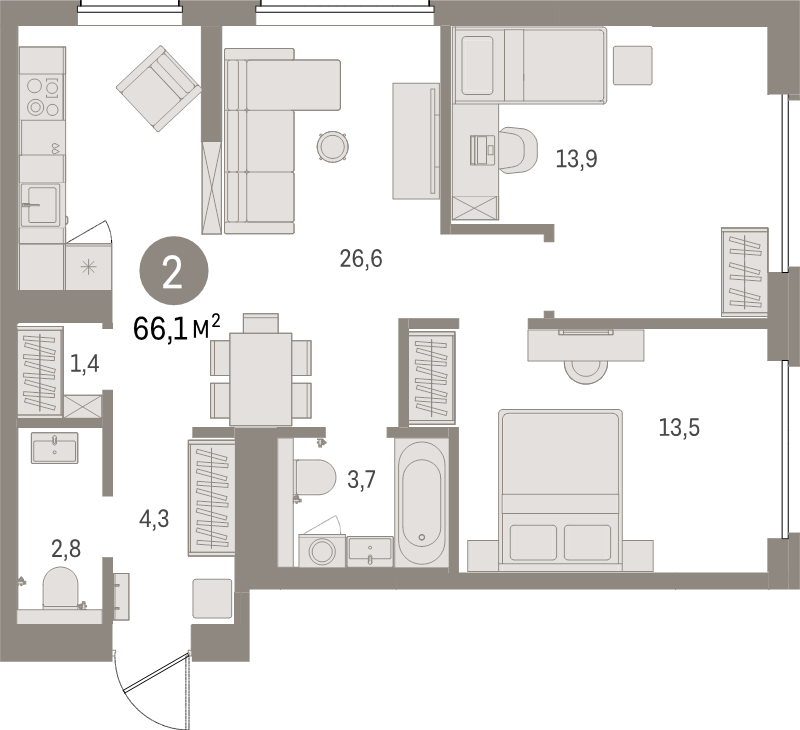 3-комнатная (Евро) квартира, 66.1 м² в ЖК "Северный ветер" - планировка, фото №1