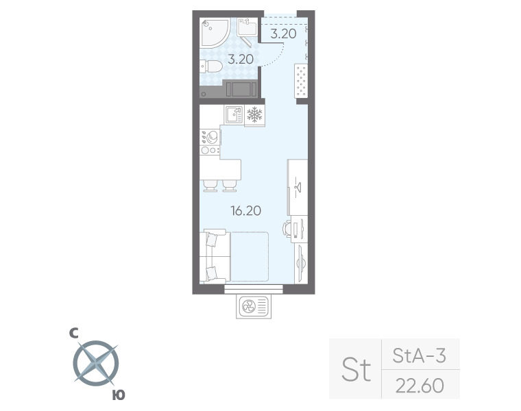 Квартира-студия, 22.6 м² в ЖК "Ручьи" - планировка, фото №1