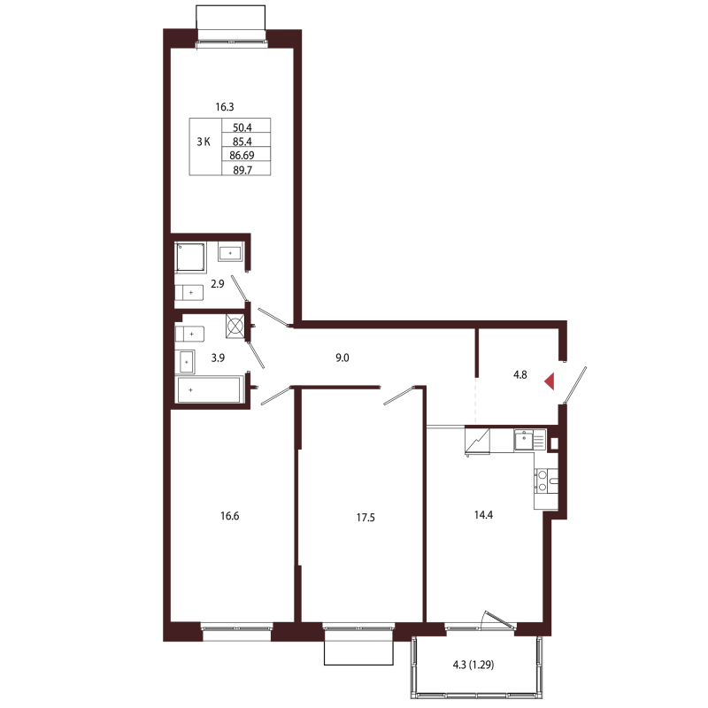 3-комнатная квартира, 86.69 м² в ЖК "Лисино" - планировка, фото №1
