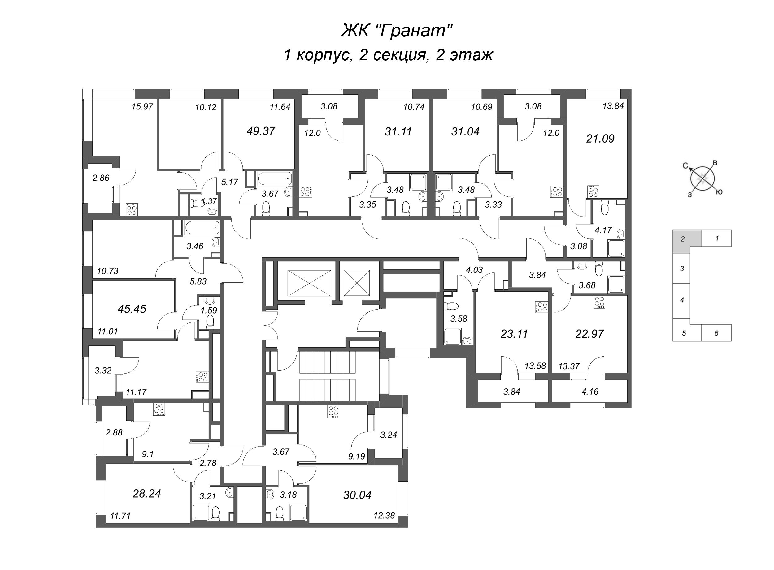 2-комнатная квартира, 45.45 м² в ЖК "Гранат" - планировка этажа