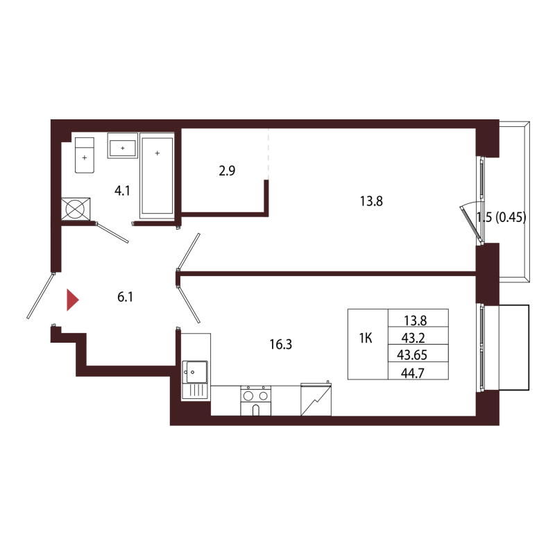 2-комнатная (Евро) квартира, 43.65 м² в ЖК "Лисино" - планировка, фото №1