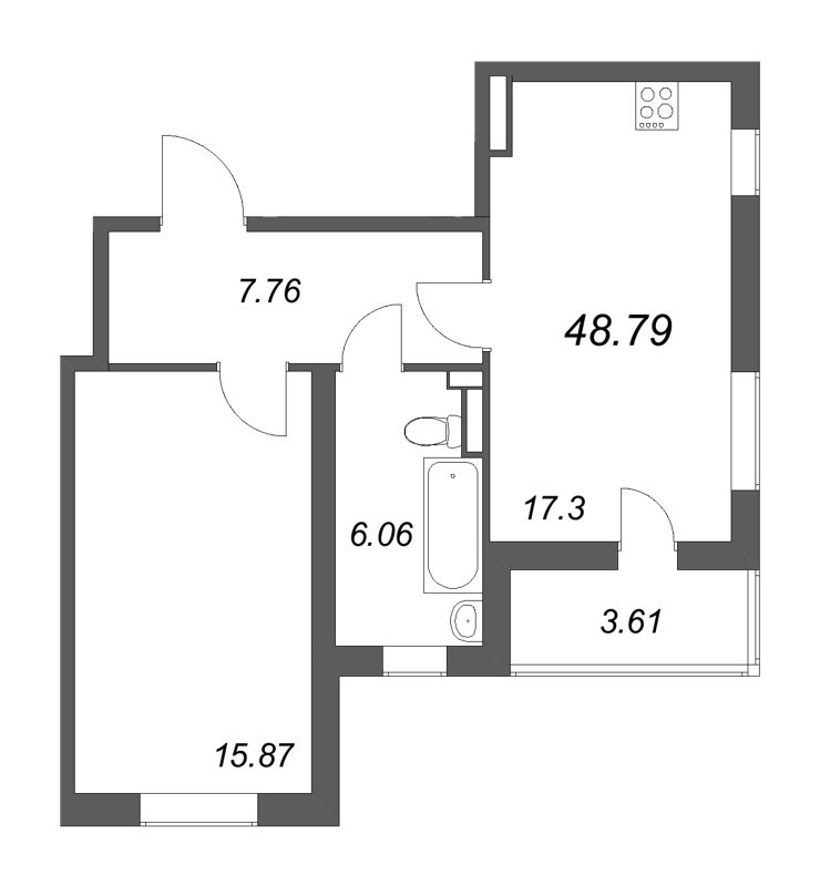 2-комнатная (Евро) квартира, 48.79 м² в ЖК "Новая история" - планировка, фото №1