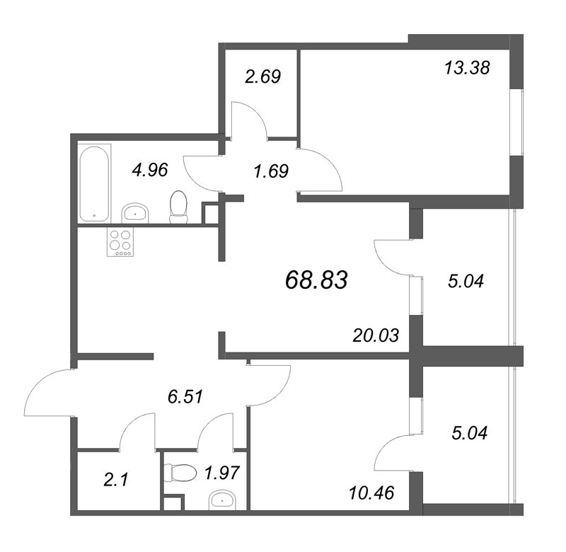 3-комнатная (Евро) квартира, 68.83 м² в ЖК "ЛесArt" - планировка, фото №1