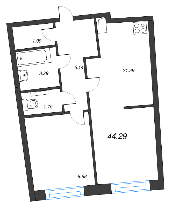 2-комнатная (Евро) квартира, 44.29 м² в ЖК "Аквилон Riva" - планировка, фото №1