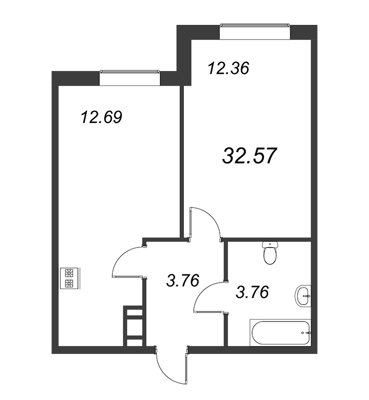 2-комнатная (Евро) квартира, 32.57 м² - планировка, фото №1