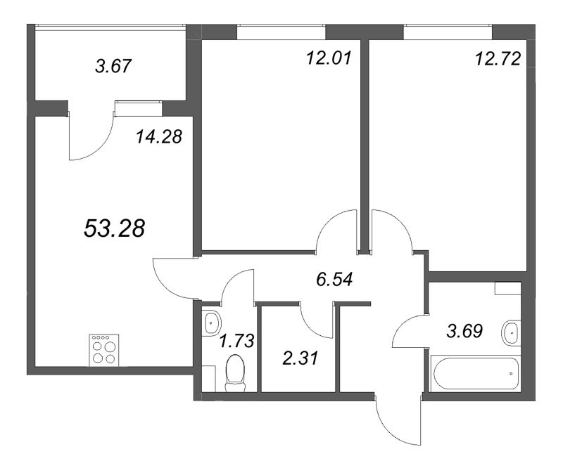 2-комнатная квартира, 53.28 м² в ЖК "Любоград" - планировка, фото №1