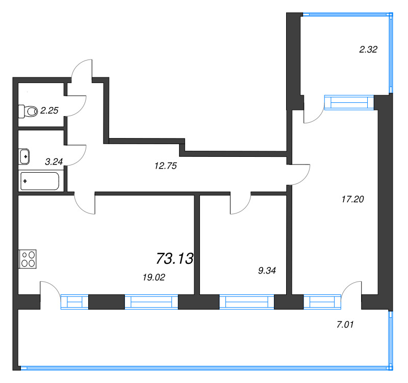 3-комнатная (Евро) квартира, 73.13 м² в ЖК "Капральский берег" - планировка, фото №1