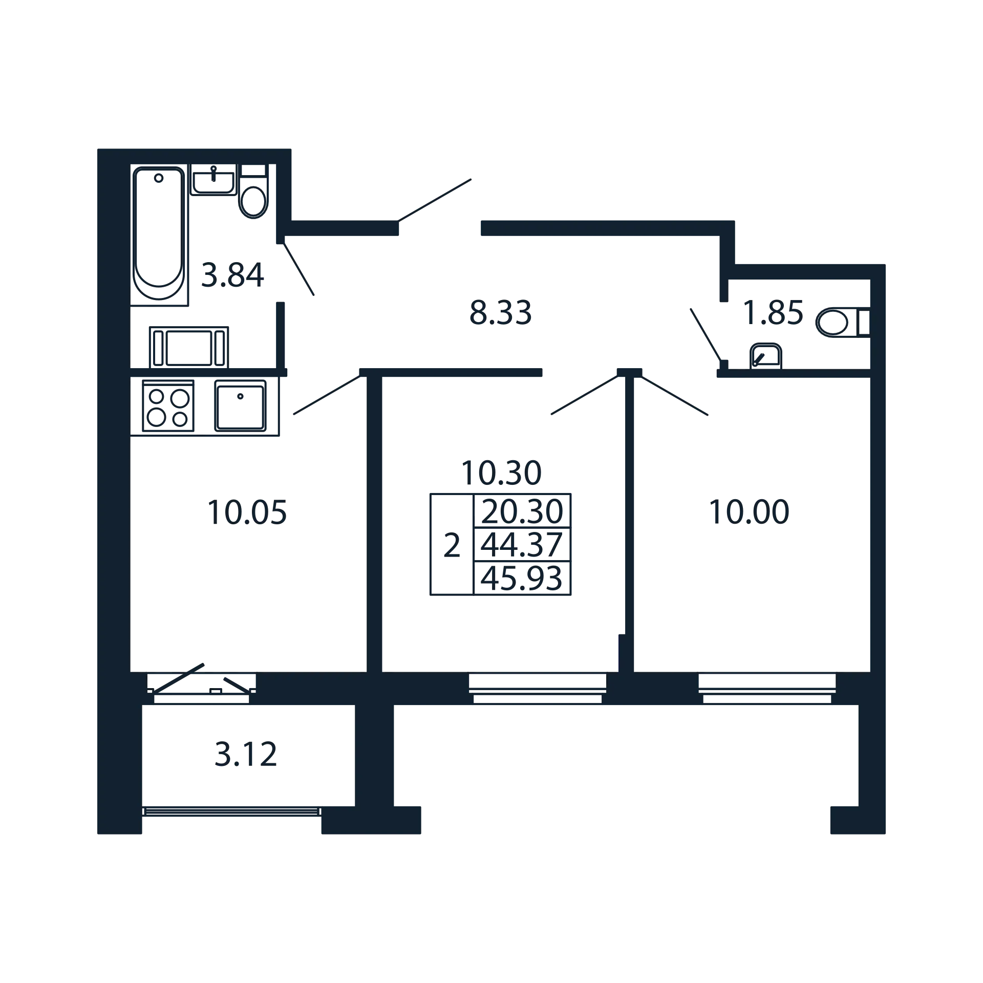 2-комнатная квартира, 44.37 м² в ЖК "Полис Новоселье" - планировка, фото №1